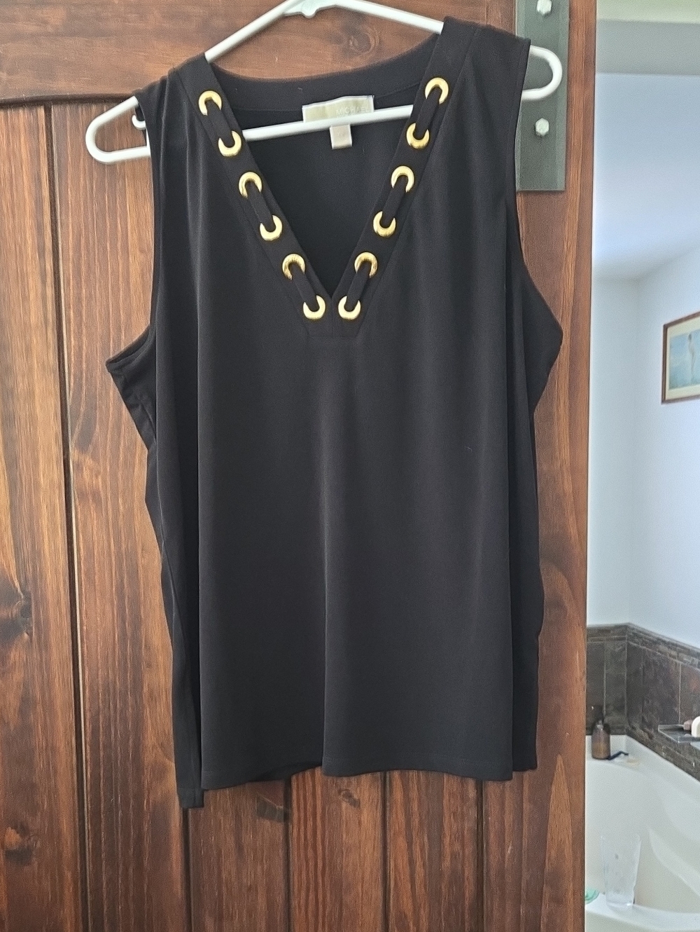 Black Sleeveless V-Neck Tank with Gold Eyelet Detail